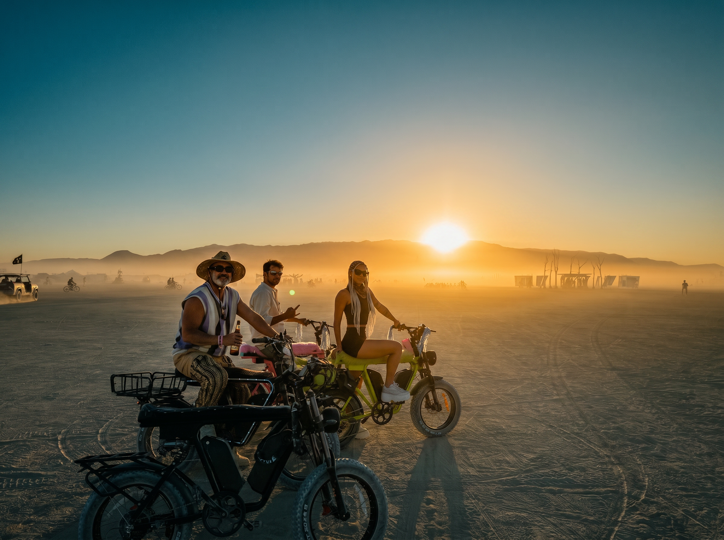 DUST riders on neon and pink eBikes at sunset in the desert